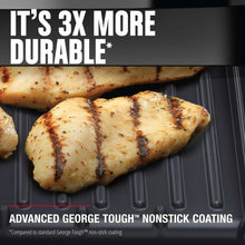 Grilled chicken on ridged nonstick grill plate with dark sear marks