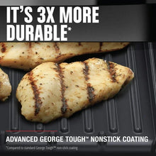George Foreman grill with chicken on ribbed nonstick cooking plates