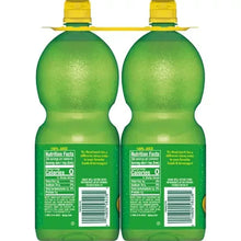 Back view of two Realemon 100% lemon juice bottles with barcode labels and yellow caps