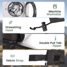 Double sleeping bag close-up: drawstring hood, double zipper tabs, Velcro strap