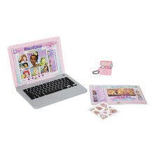 Pink pretend laptop with Princess-themed screen and black keys