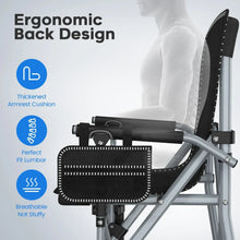 Black folding camping chair with tall mesh back, curved padded armrests, and side cup holder.