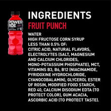 Powerade fruit punch sports drink ingredients text on package graphics.