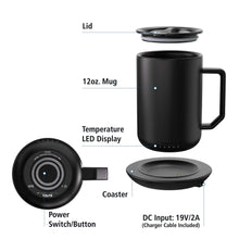 Warming coffee mug system with lid, temperature LED display, coaster, and power switch