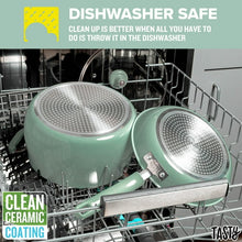 Sage green pots with perforated lids placed in a dishwasher rack