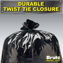 Black contractor trash bag cinched with twist-tie closure, sealed top