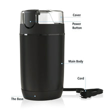 Black electric coffee grinder base with power button and attached cord