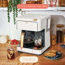 White 12-cup programmable drip coffee maker with carafe and single-serve basket
