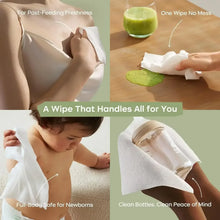 Thick unscented baby wipes in a white packet, shown in use after feeding