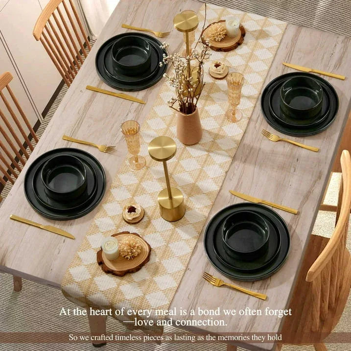 Vesteel 12-Piece Dinnerware Set, Ceramic Tableware Reactive Glaze Plates and Bowls Sets, Healthy Yixing Purple Clay Dishes Set, Dishwasher & Microwave Safe - Blackish Green