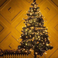 Indoor string lights outlining a decorated Christmas tree with warm white bulbs