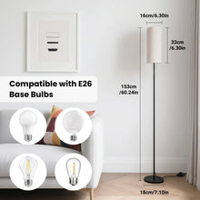 Black LED floor lamp with fabric shade and E26 bulb icons for compatibility