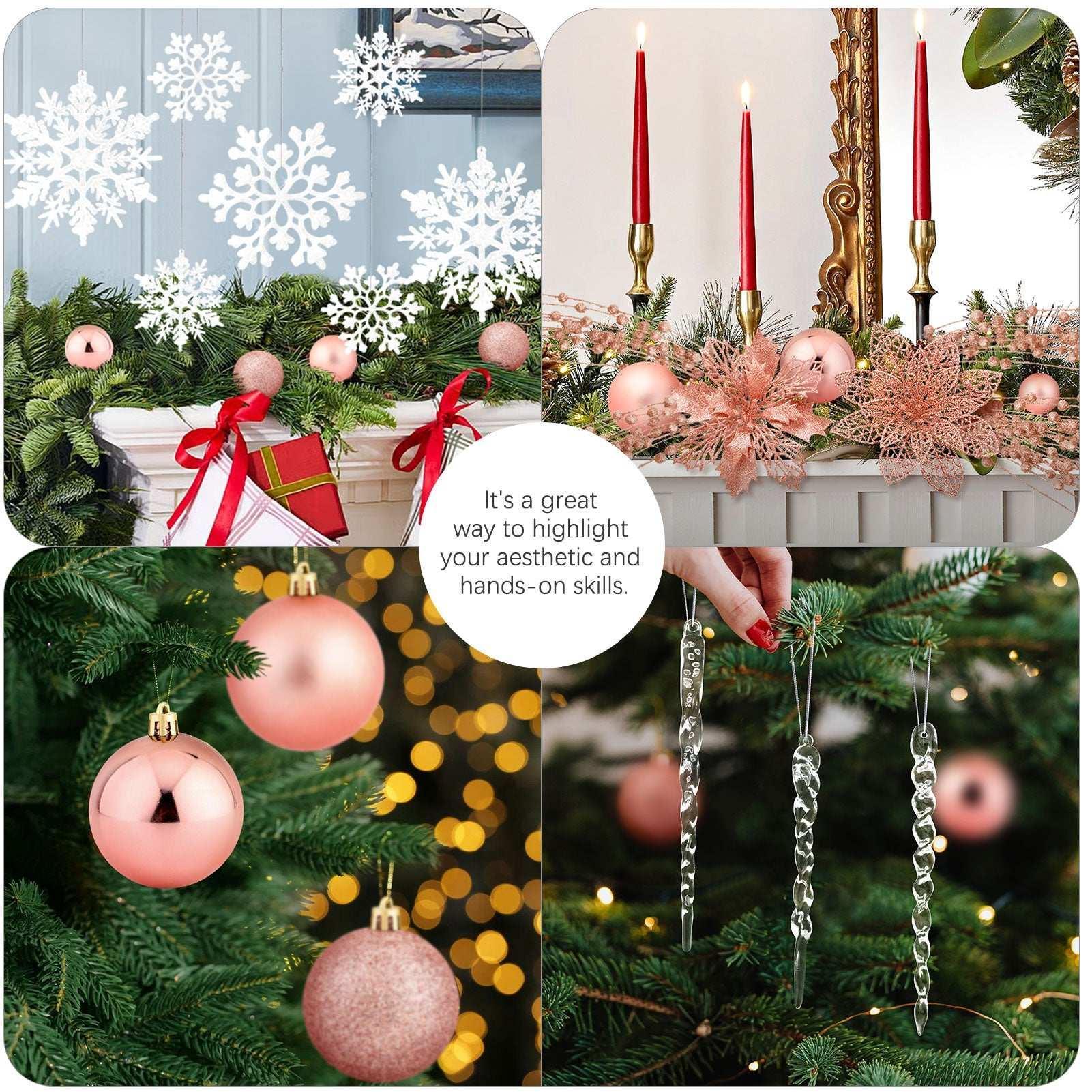 Ayieyill 92Pcs Christmas Tree Decorations Includes Poinsettia Christmas Flowers, Ball Ornaments, Artificial Glitter Berry Stems, Snowflake and Icicle Drop Crystal Ornaments | Rose Glod - USA MEGA SHOP