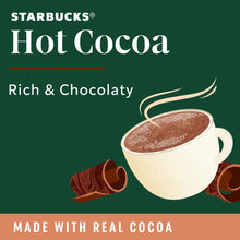 Hot cocoa drink graphic with cup, rich and chocolatey text, and made with real cocoa