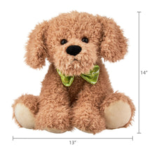 Brown plush puppy toy with green bow tie, 13 in wide, 14 in tall