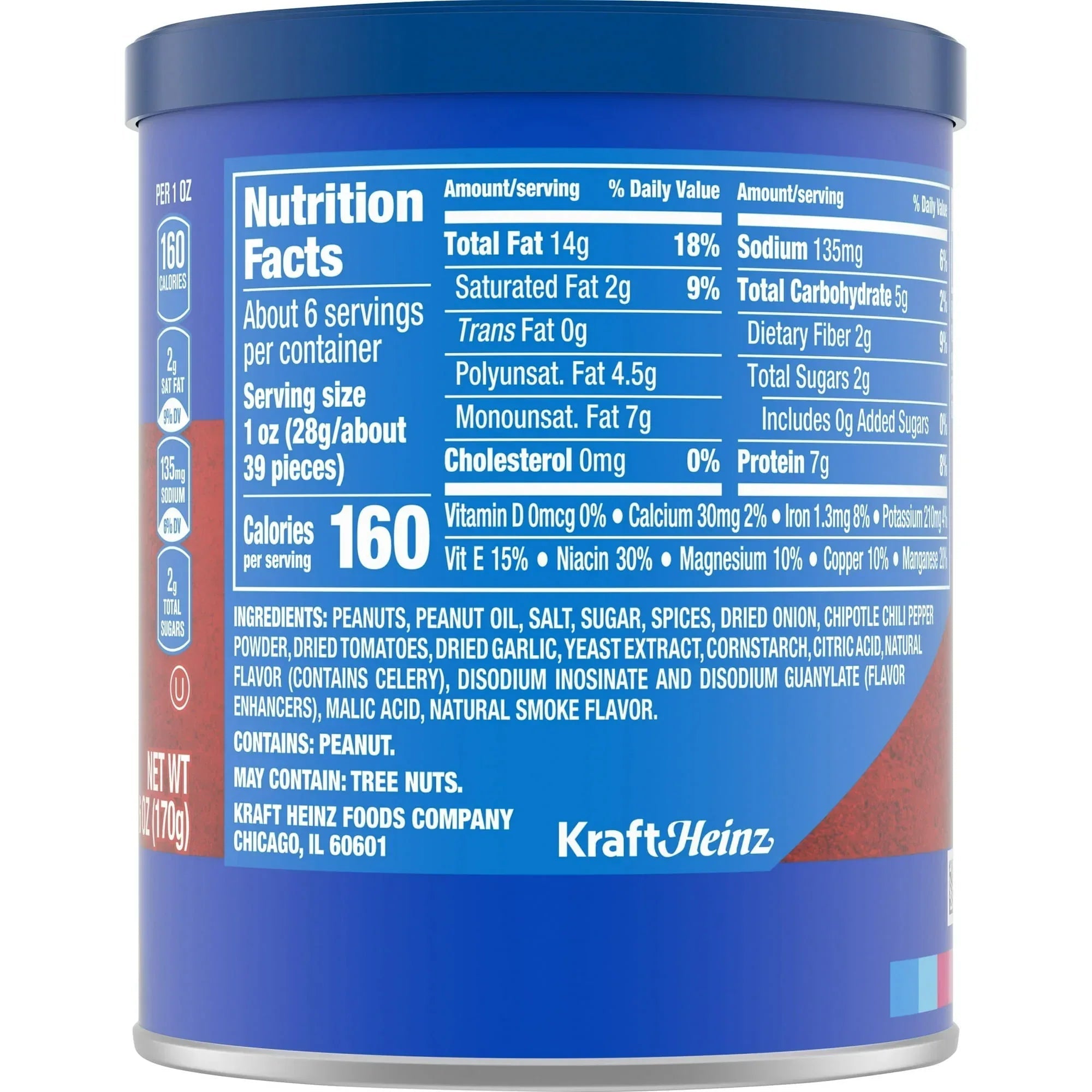 Planters Chipotle Peanuts, Plant Based Protein, 6 oz Canister