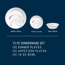 12-piece glass dinnerware set with red and gray swirl design, includes plates and bowls