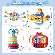 Baby toy bundle with robot push toy, blue elephant stacking rings, and red activity panel