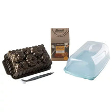 Floral-relief bundt loaf pan with clear blue loaf keeper cover