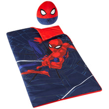 Kids Marvel Spiderman slumber bag set with squishy pillow, red and navy character print