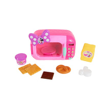 Pink Minnie microwave playset with pretend food pieces, plates, and cup set