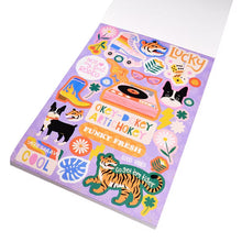 Lucky themed sticker book cover with tiger, cat, flowers and colorful sticker designs