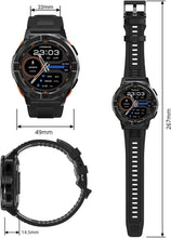Rugged black smartwatch shown front and back with silicone sport strap
