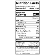 Nutrition facts panel for granola, 230 calories per 1/2 cup serving