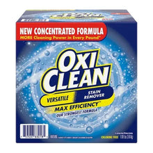Stain remover powder box, blue and yellow label with red “new concentrated formula” banner