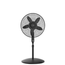 Black oscillating pedestal fan with grille, center controls, and round base