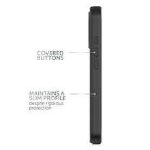 Slim side view of waterproof phone case with covered buttons and black finish