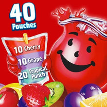 Close-up of juice pouch pack showing 40 pouches and flavor counts: cherry, grape, tropical