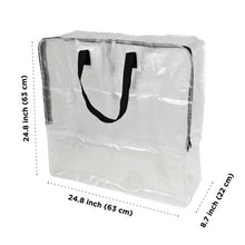 Transparent 24-gallon storage bag with zipper closure and dual black carry handles