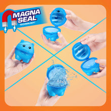 Hands holding blue reusable animal water balloons, showing open and filled shapes