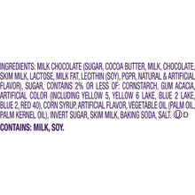 Ingredients list for milk chocolate mini eggs, contains milk and soy