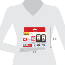 Canon ink cartridge combo pack shown on a size diagram beside a silhouette