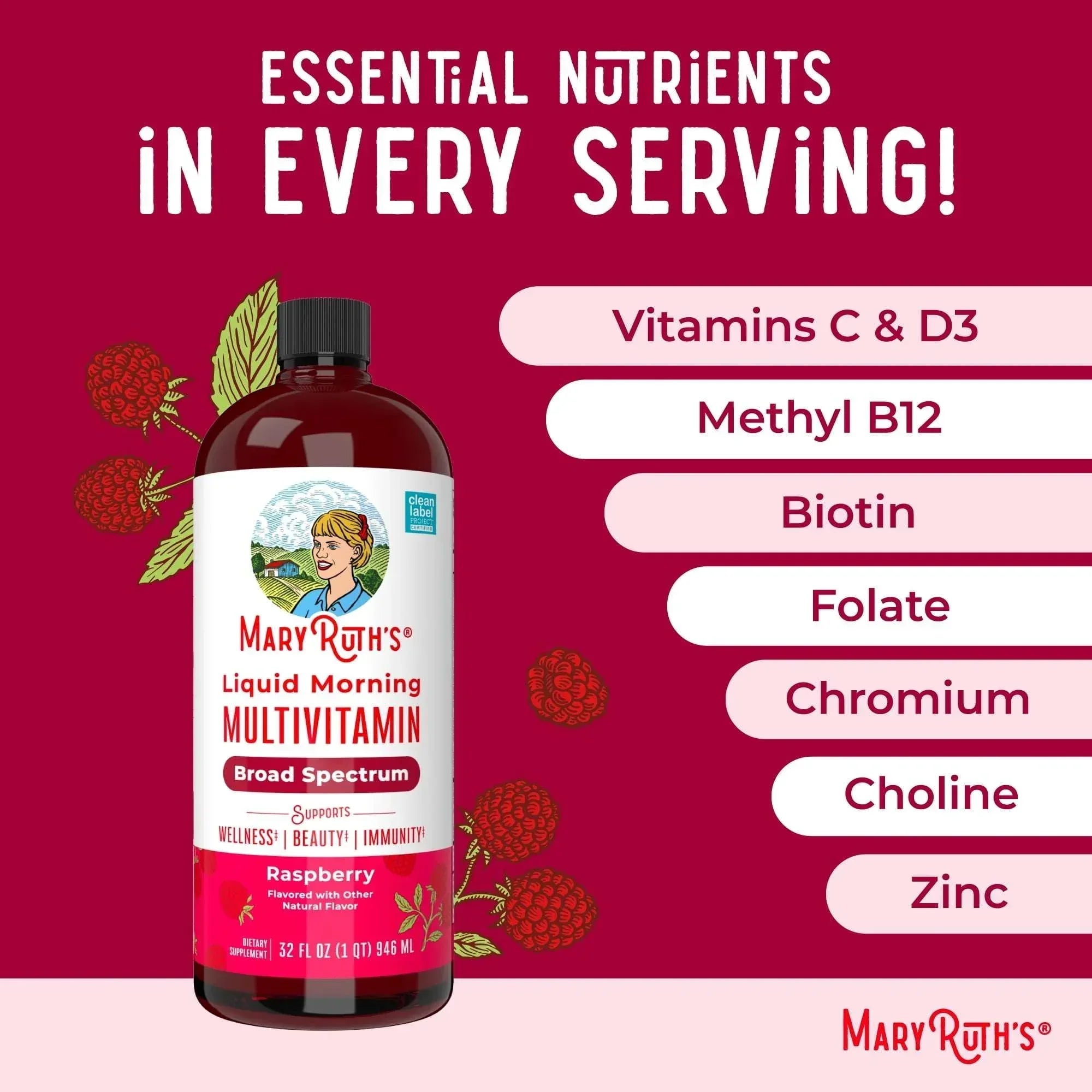 MaryRuth's Morning Multivitamin Liquid, Raspberry, Unisex, 32 Fl Oz, Vegan, Non-GMO, Vitamins C and D