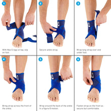 Blue ankle support brace shown being adjusted with front and back straps