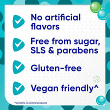 Kids toothpaste benefits panel with checkmarks: no artificial flavors, gluten-free