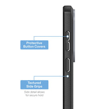 Dual-layer magnetic phone case side view, black protective button covers and grips