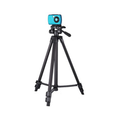 Black mini camera tripod with adjustable legs and top phone mount