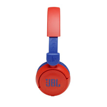 Red and blue kids on-ear headphones with JBL logo on round earcup and foldable hinges