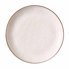 Cream stoneware dinner plate, round with brown rim and textured matte glaze