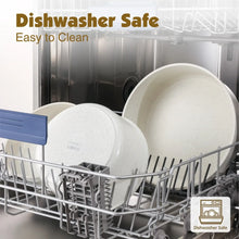 White speckled nonstick cookware set in a dishwasher rack, with stackable pots and pan
