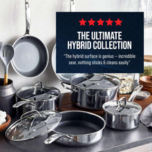 Stainless steel hybrid nonstick cookware set with multiple saucepans and lids