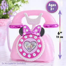 Pink Minnie-style rotary phone toy shown with size markings on box