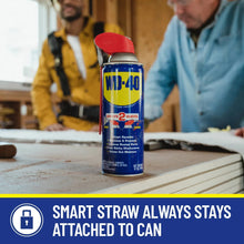 WD-40 lubricant spray can with red flip straw and blue-yellow label on a surface