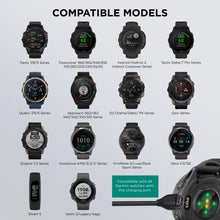 Black watch charge cable with USB-A plug; compatibility models shown