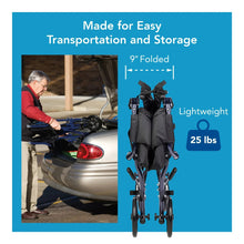 Folded blue transport wheelchair with black seat and back, swing-away footrests and armrests