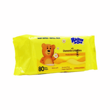 Baby wipes refill pack, yellow pouch with teddy bear and Chamomile & Aloe Vera front